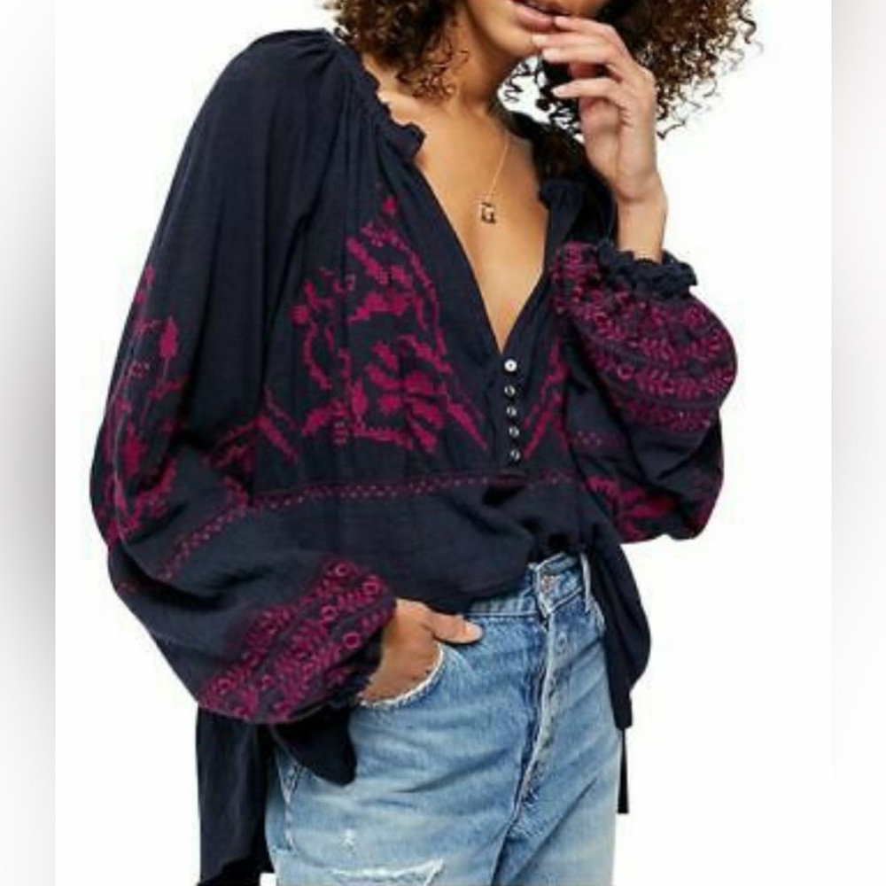 Embroidered Navy and Pink Women's Top